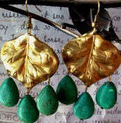 Brass LEaf Turquoise Drop Earrings (Hanging)